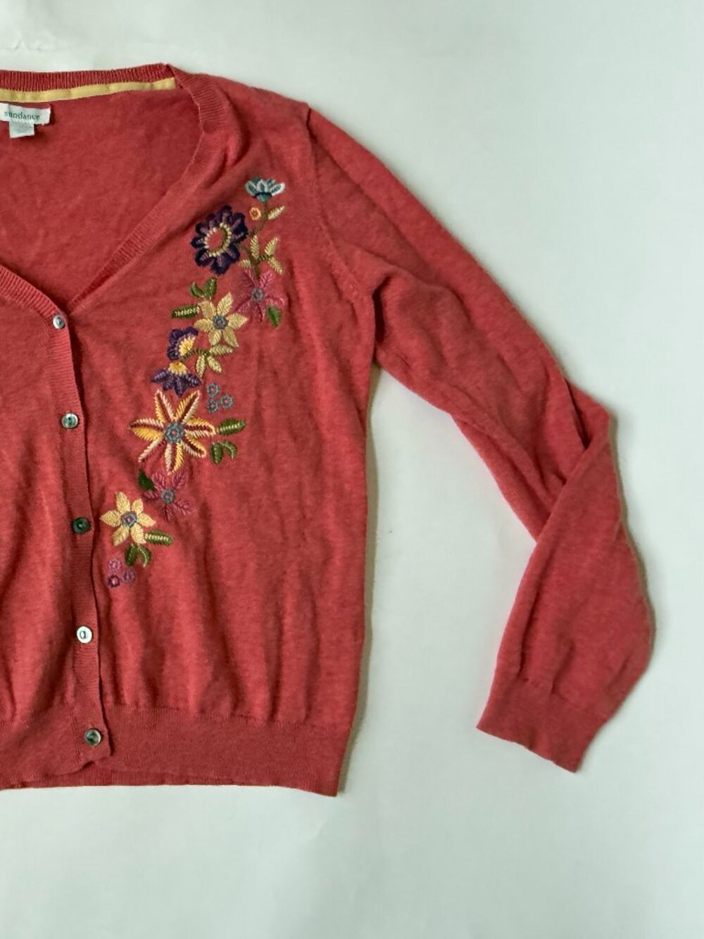 Sundance Womens L Embroidered Cardigan Sweater Floral Salmon pink Button Front - Picture 5 of 7